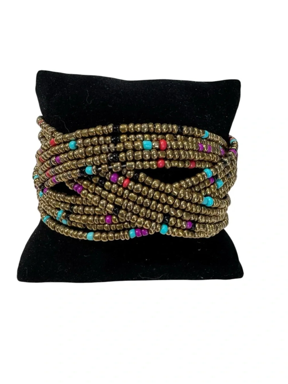 Multi-Strand Gold Beaded Turquoise & Fuchsia Accents Cuff Bracelet 1.5" Wide - Picture 1 of 5